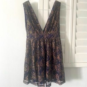 NWT!! Lulus Tawny Navy Blue and Gold Metallic Lace Skater Dress